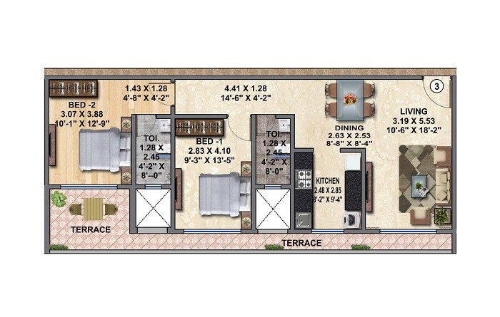 Floor plan of 2 BHK 767 Sq. Ft. Apartment in Ameya Apartment Virar, Palghar