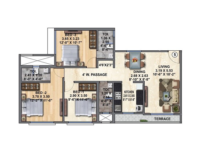 Floor plan of 3 BHK 962 Sq. Ft. Apartment in Ameya Apartment Virar, Palghar