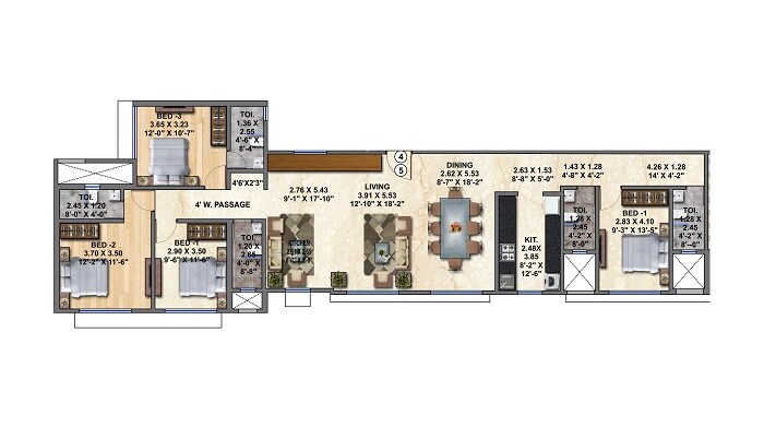 Floor plan of 4 BHK 1611 Sq. Ft. Apartment in Ameya Apartment Virar, Palghar