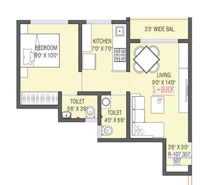 Floor plan of 1 BHK 389 Sq. Ft. Apartment in Anav Aaradhya Pride, Palghar