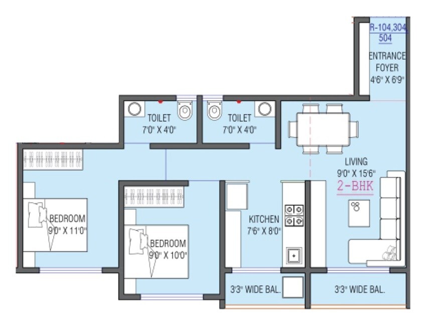 Floor plan of 2 BHK 514 Sq. Ft. Apartment in Anav Aaradhya Pride, Palghar