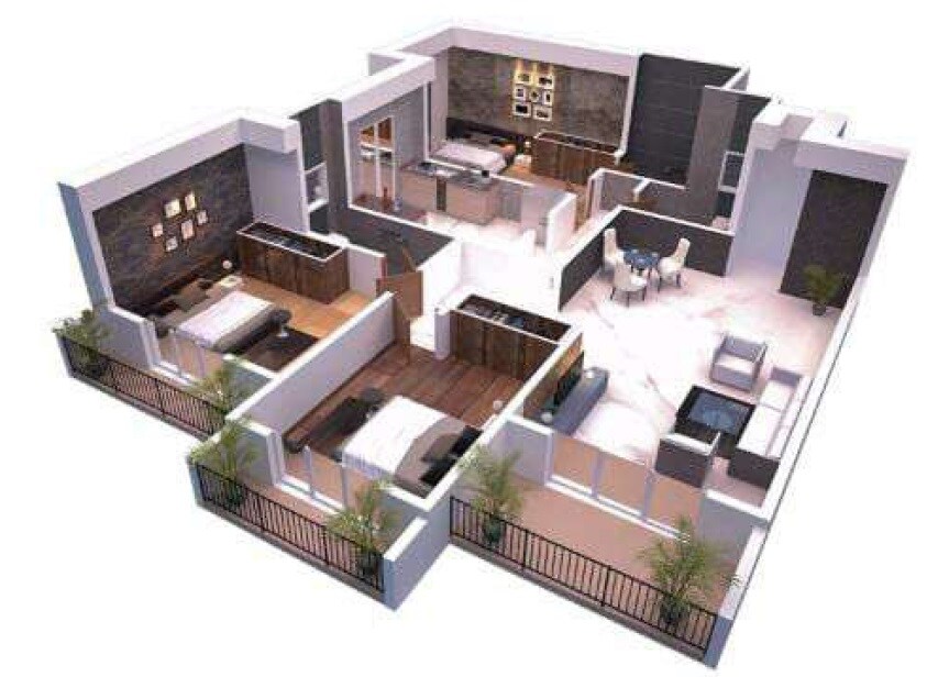 Floor plan of 3 BHK 858 Sq. Ft. Apartment in Archen Aarvi Apartments, Palghar
