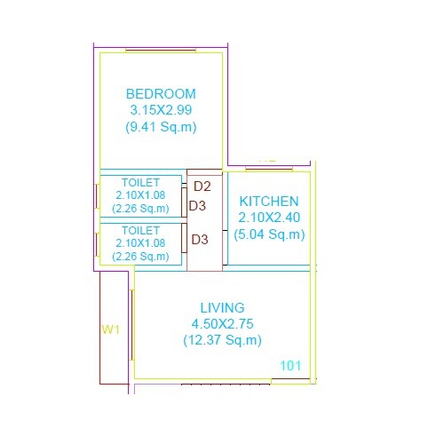 Floor plan of 1 BHK 385 Sq. Ft. Apartment in Arihant Radha Krishna Apartments, Palghar