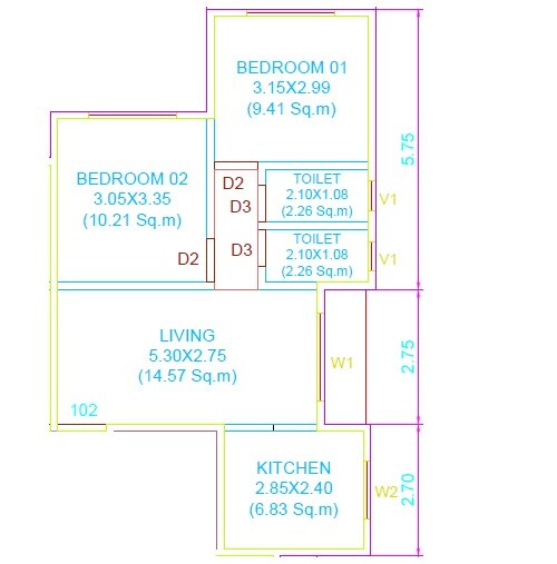Floor plan of 2 BHK 544 Sq. Ft. Apartment in Arihant Radha Krishna Apartments, Palghar