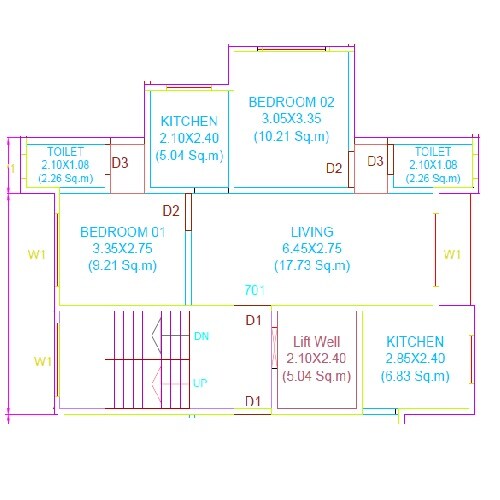 Floor plan of 2 BHK 596 Sq. Ft. Apartment in Arihant Radha Krishna Apartments, Palghar