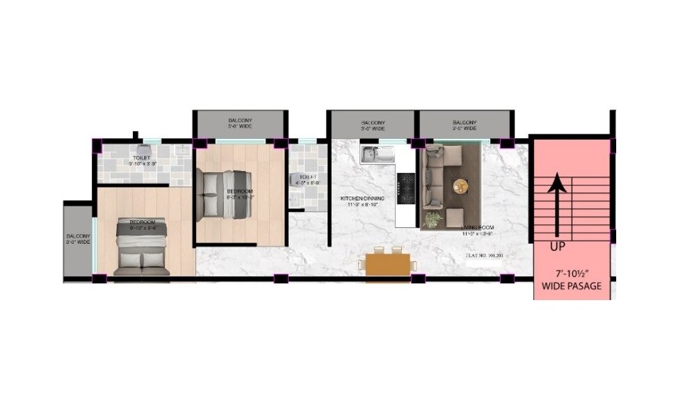 Floor plan of 2 BHK 678 Sq. Ft. Apartment in Arihant Residency, Palghar