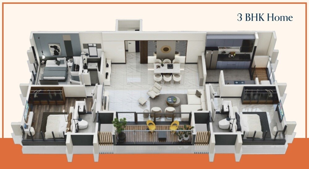 Floor plan of 3 BHK 1165 Sq. Ft. Apartment in Arvel Zenith Heights, Palghar