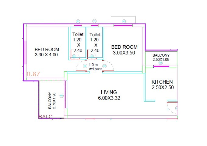 Floor plan of 2 BHK 678 Sq. Ft. Apartment in Arya Durvankur Heights, Palghar