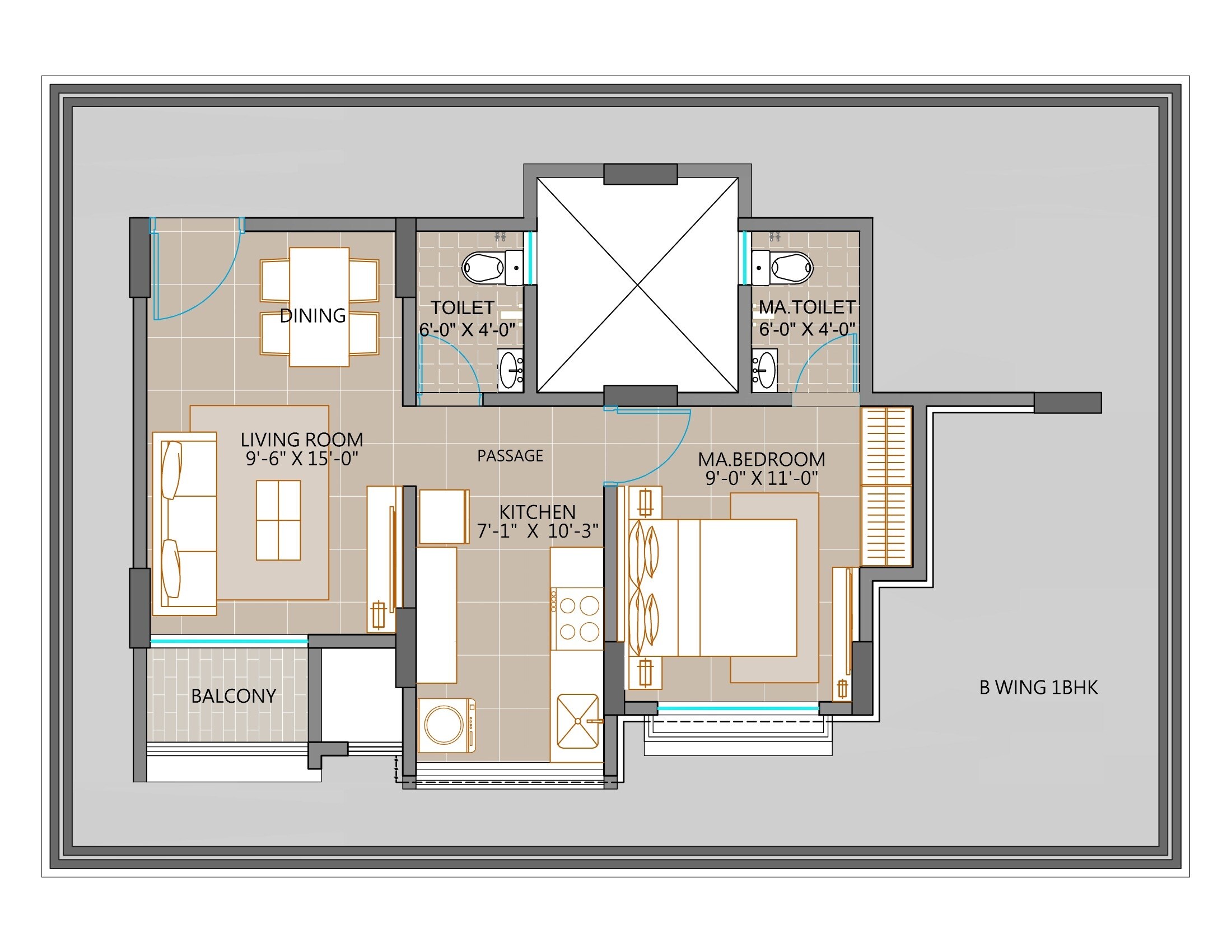 Floor plan of 1 BHK 387 Sq. Ft. Apartment in Aster Hans Heritage, Palghar