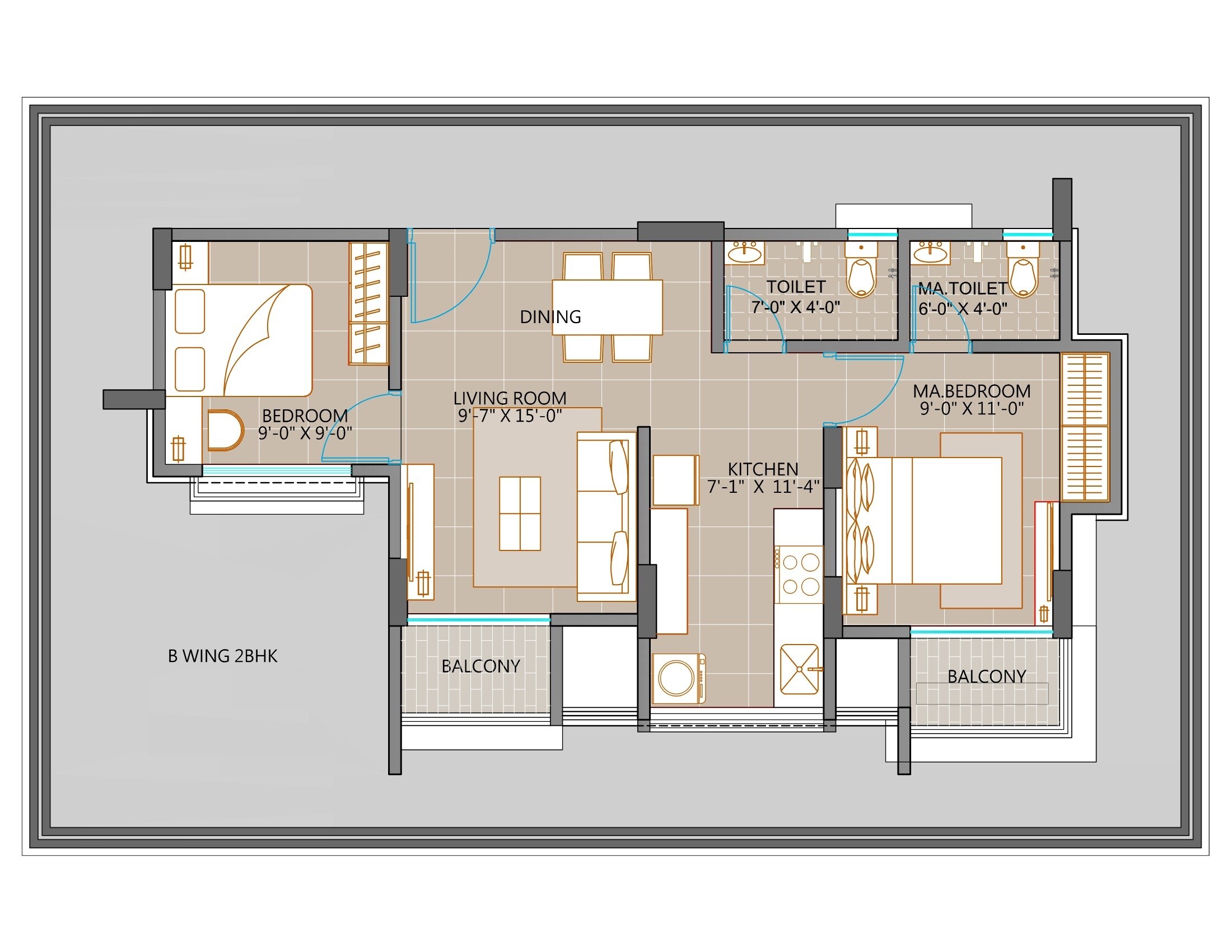 Floor plan of 2 BHK 502 Sq. Ft. Apartment in Aster Hans Heritage, Palghar