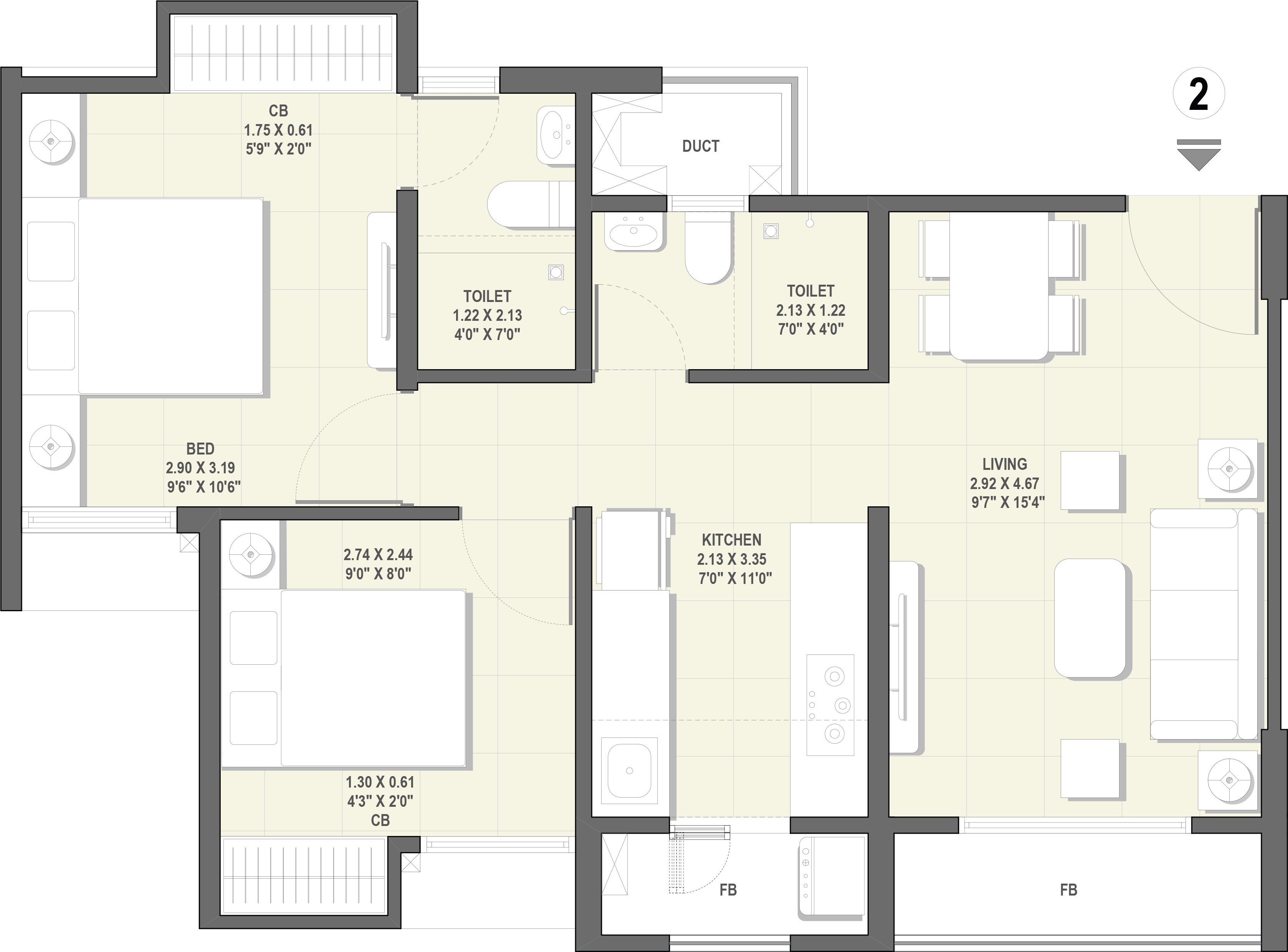 Floor plan of 2 BHK 512 Sq. Ft. Apartment in Avenue Global City, Palghar