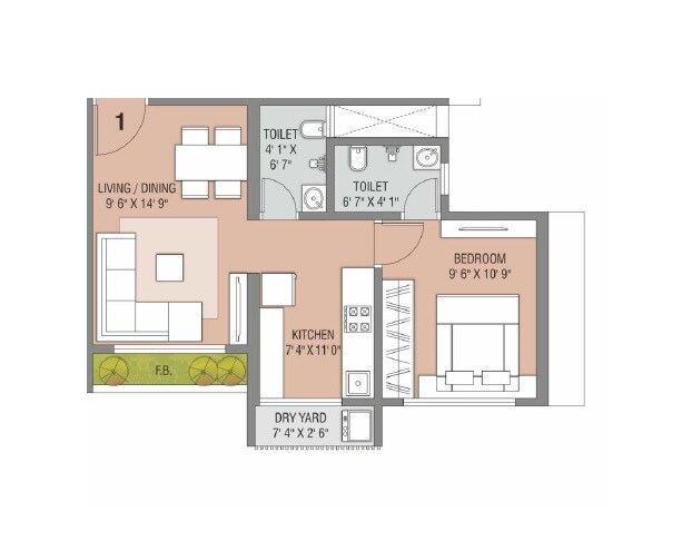 Floor plan of 1 BHK 444 Sq. Ft. Apartment in Bachraj Legend, Palghar