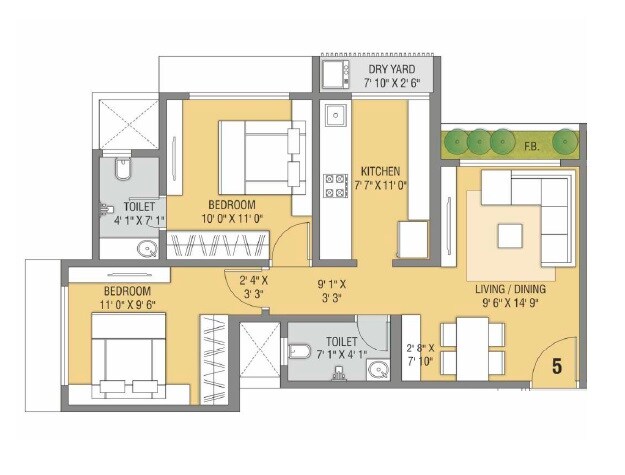 Floor plan of 2 BHK 539 Sq. Ft. Apartment in Bachraj Legend, Palghar