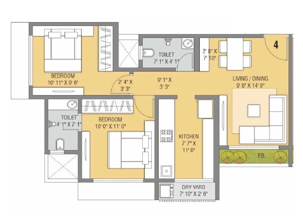 Floor plan of 2 BHK 586 Sq. Ft. Apartment in Bachraj Legend, Palghar