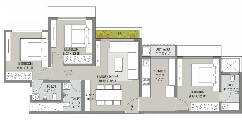 Floor plan of 3 BHK 744 Sq. Ft. Apartment in Bachraj Legend, Palghar