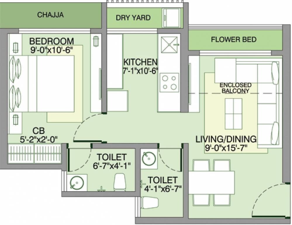 Floor plan of 1 BHK 347 Sq. Ft. Apartment in Bachraj Lifespace, Palghar