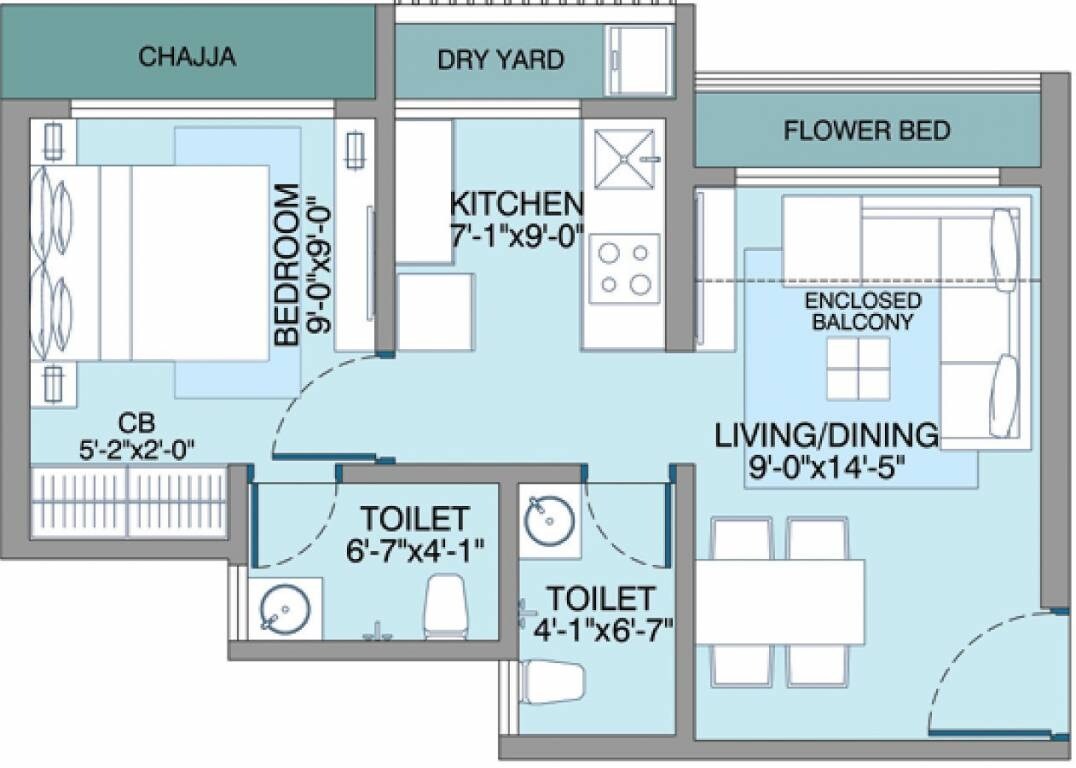 Floor plan of 1 BHK 373 Sq. Ft. Apartment in Bachraj Lifespace, Palghar
