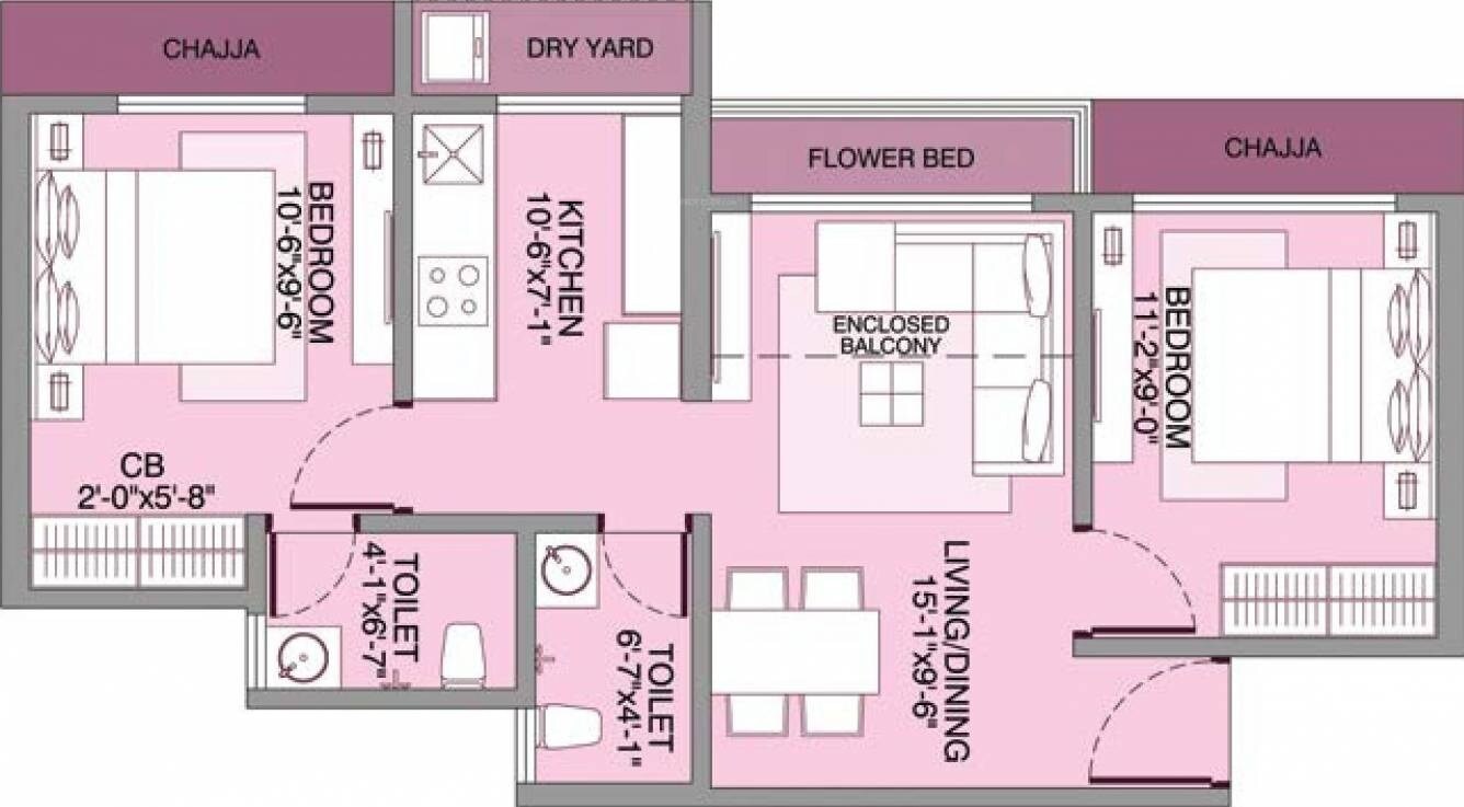 Floor plan of 2 BHK 498 Sq. Ft. Apartment in Bachraj Lifespace, Palghar