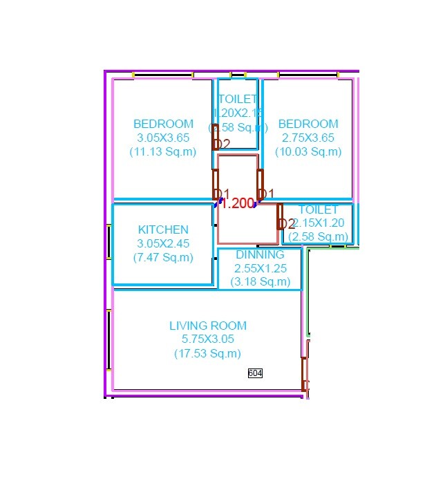 Floor plan of 2 BHK 624 Sq. Ft. Apartment in Bafna Avyukt, Palghar