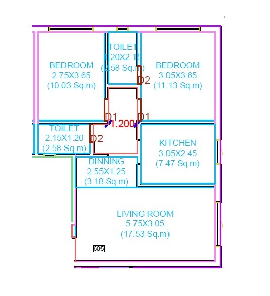 Floor plan of 2 BHK 848 Sq. Ft. Apartment in Bafna Avyukt, Palghar