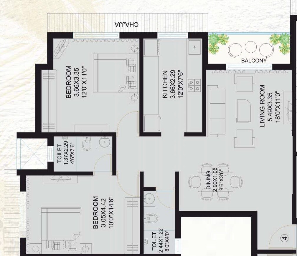 Floor plan of 2 BHK 610 Sq. Ft. Apartment in Bafna Luxuria, Palghar