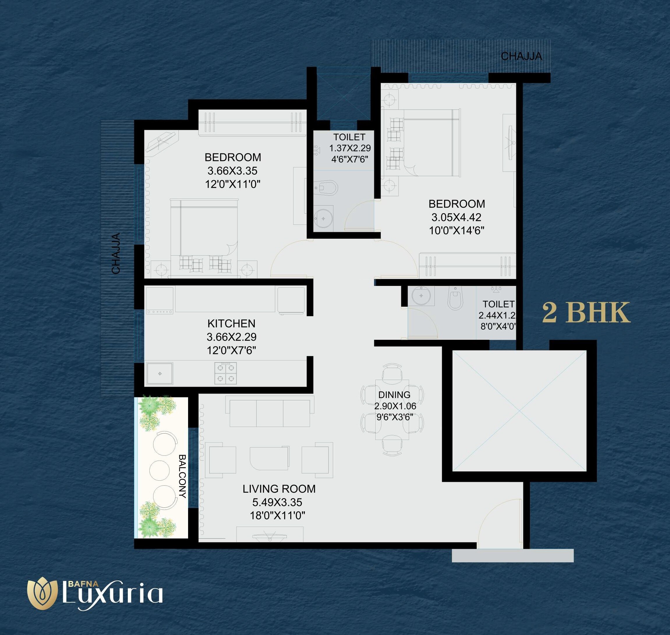 Floor plan of 2 BHK 690 Sq. Ft. Apartment in Bafna Luxuria, Palghar