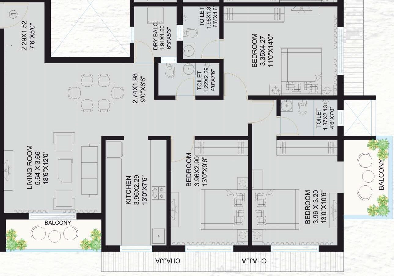 Floor plan of 3 BHK 957 Sq. Ft. Apartment in Bafna Luxuria, Palghar