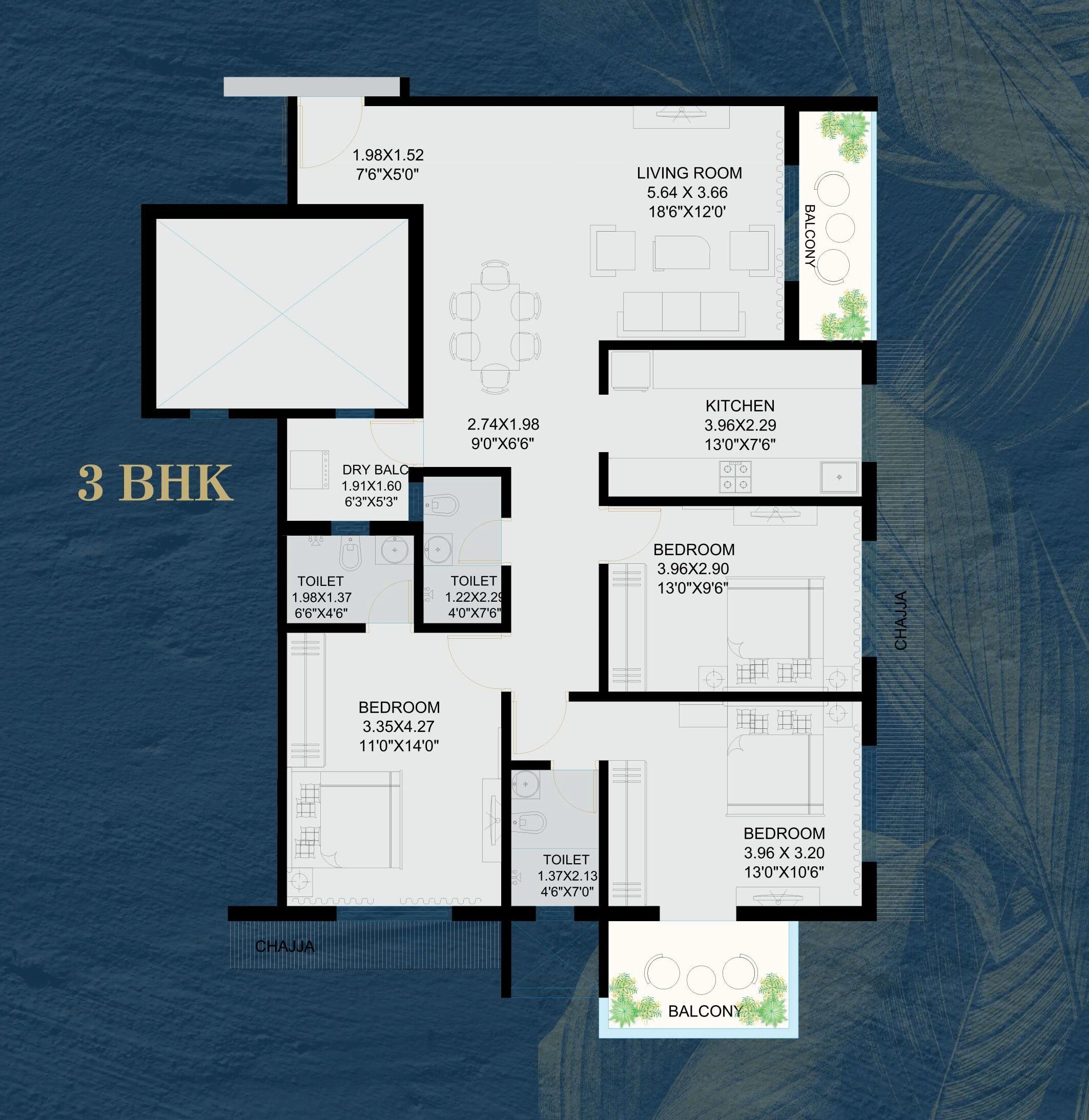 Floor plan of 3 BHK 962 Sq. Ft. Apartment in Bafna Luxuria, Palghar