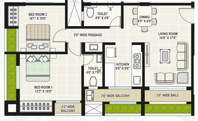 Floor plan of 2 BHK 752 Sq. Ft. Apartment in Bhavi Ratnamani Residency, Palghar