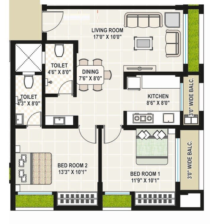 Floor plan of 2 BHK 821 Sq. Ft. Apartment in Bhavi Ratnamani Residency, Palghar