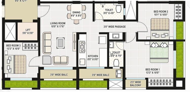Floor plan of 3 BHK 845 Sq. Ft. Apartment in Bhavi Ratnamani Residency, Palghar