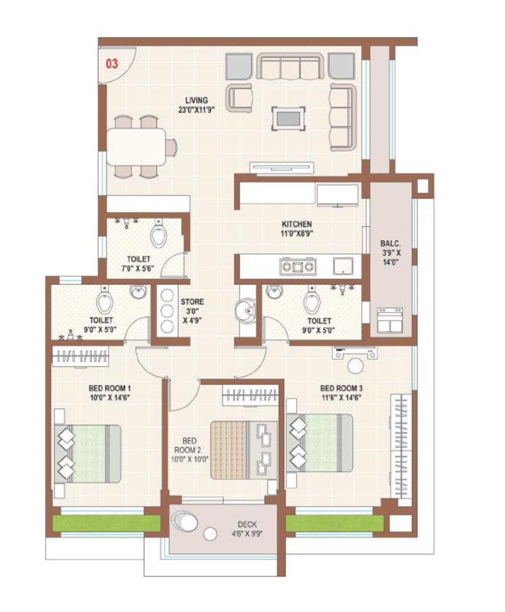 Floor plan of 3 BHK 1156 Sq. Ft. Apartment in Bhavi Riviera Nest, Palghar