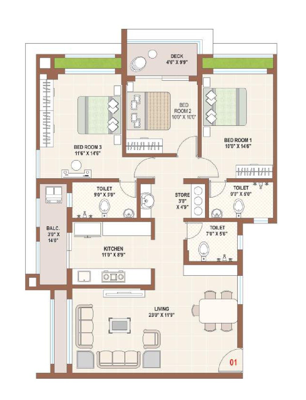 Floor plan of 3 BHK 1187 Sq. Ft. Apartment in Bhavi Riviera Nest, Palghar