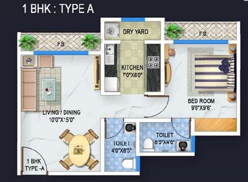 Floor plan of 1 BHK 472 Sq. Ft. Apartment in Bhoomi Acropolis, Palghar