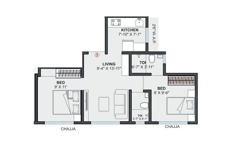 2 BHK 527 Sq. Ft. Apartment