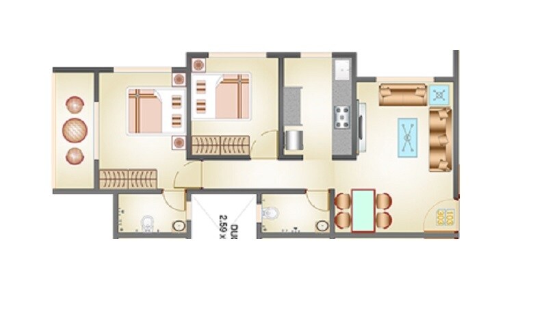 Floor plan of 2 BHK 587 Sq. Ft. Apartment in Cello Decent Homes, Palghar