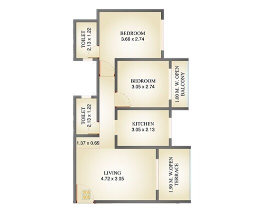 Floor plan of 2 BHK 587 Sq. Ft. Apartment in Cello Decent Homes Phase 2, Palghar
