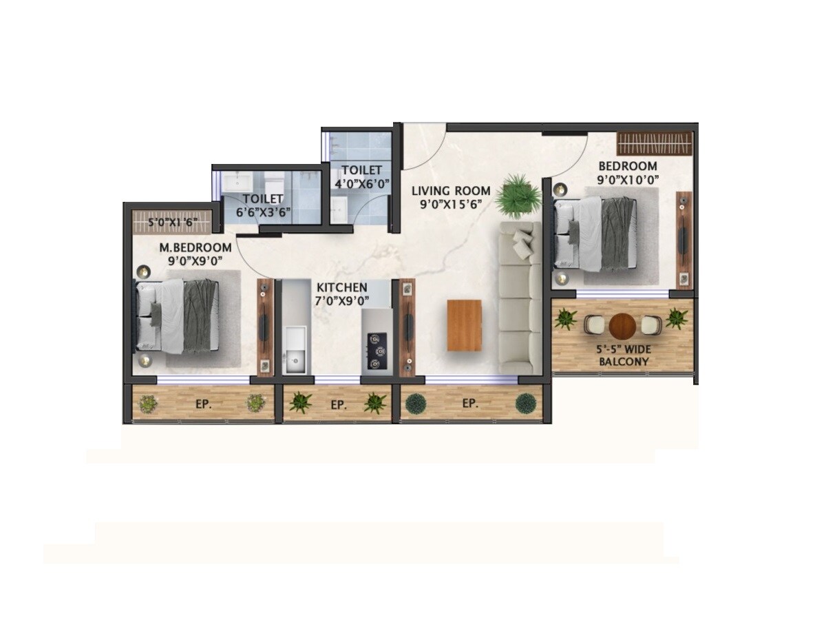 Floor plan of 2 BHK 422 Sq. Ft. Apartment in Chandu Morya Heights, Palghar