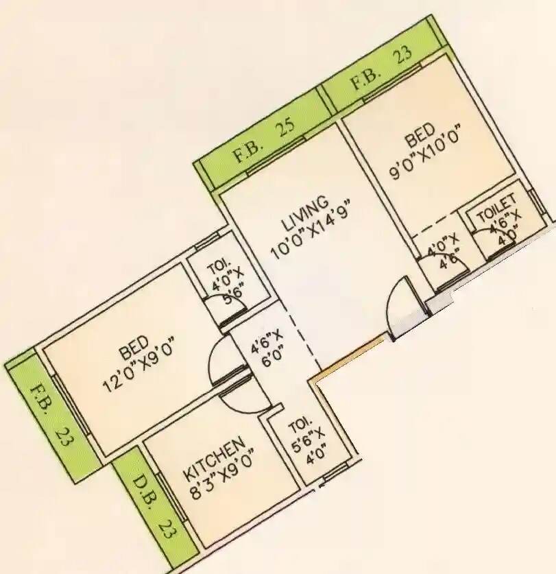 Floor plan of 2 BHK 615 Sq. Ft. Apartment in Chetana Gurudatta Tower, Palghar