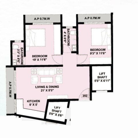 Floor plan of 2 BHK 485 Sq. Ft. Apartment in Clement Dream Aura, Palghar