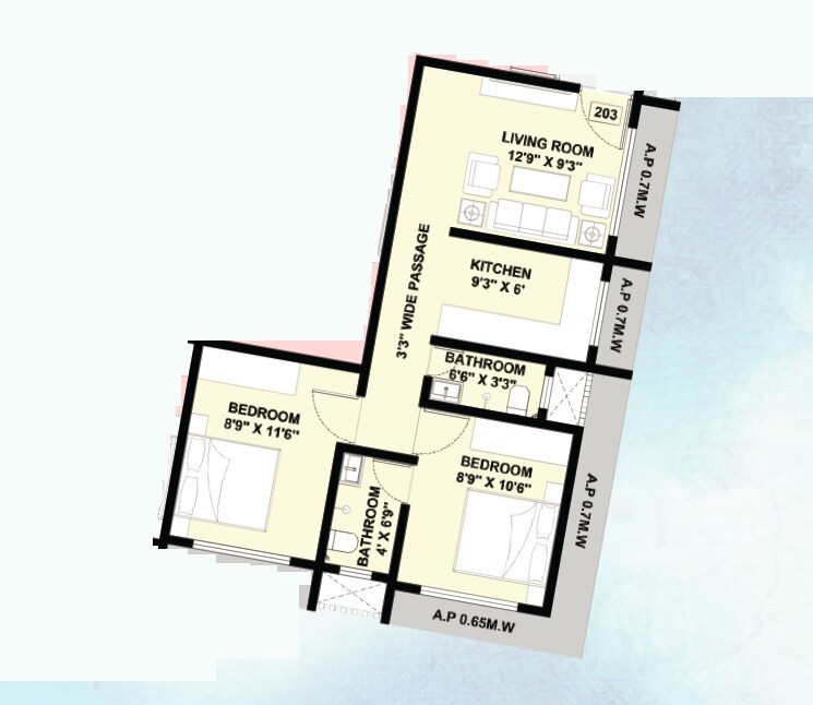Floor plan of 2 BHK 650 Sq. Ft. Apartment in Clement Dream Aura, Palghar