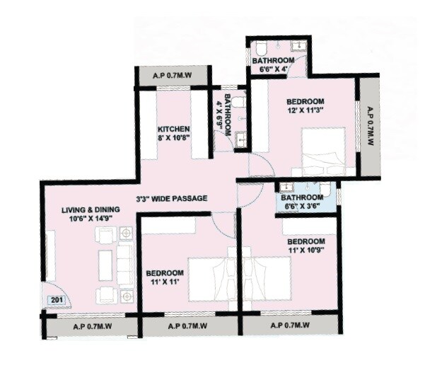 Floor plan of 3 BHK 759 Sq. Ft. Apartment in Clement Dream Aura, Palghar