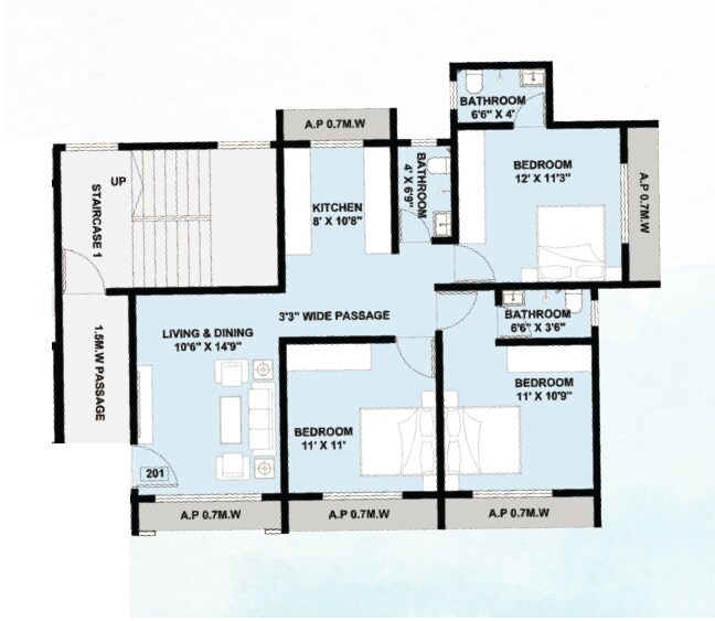 Floor plan of 3 BHK 786 Sq. Ft. Apartment in Clement Dream Aura, Palghar