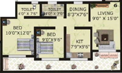 Floor plan of 2 BHK 1010 Sq. Ft. Apartment in Cosmos Solitaire, Palghar