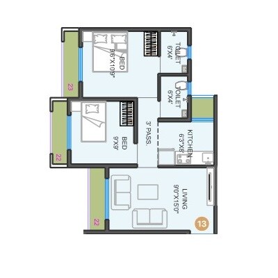 Floor plan of 1 BHK 360 Sq. Ft. Apartment in Crowngold Kalpatru Avenue, Palghar
