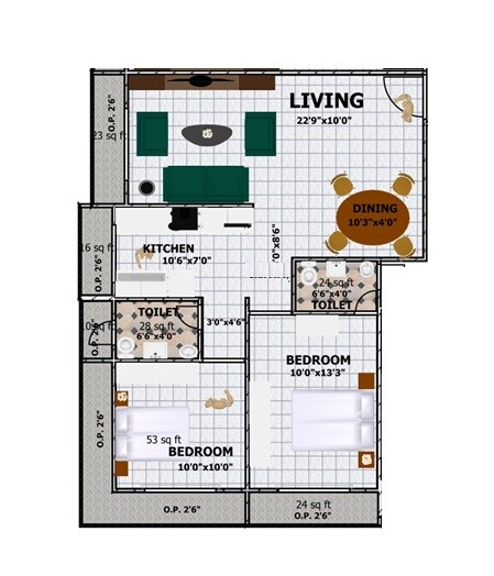 Floor plan of 2 BHK 538 Sq. Ft. Apartment in Crystal Crown, Palghar