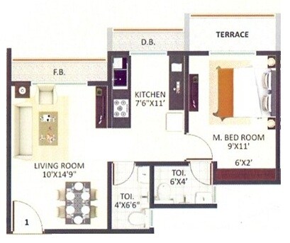 Floor plan of 1 BHK 378 Sq. Ft. Apartment in D G Land Sheetal Anjali, Palghar