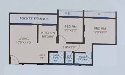 Floor plan of 2 BHK 416 Sq. Ft. Apartment in D S Aaradhya Apartment, Palghar