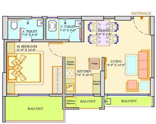 Floor plan of 1 BHK 394 Sq. Ft. Apartment in Dange Chawre Crown, Palghar