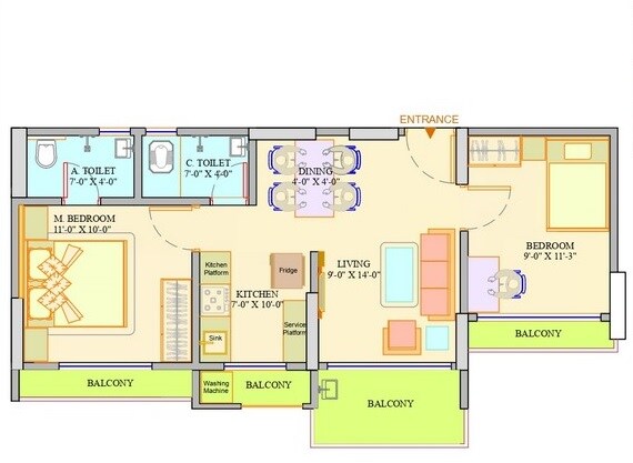Floor plan of 2 BHK 441 Sq. Ft. Apartment in Dange Chawre Crown, Palghar
